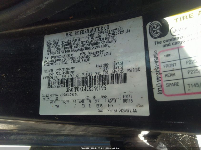 2012 Ford Fusion Sport VIN: 3FAHP0KC4CR346195 Lot: 42626698