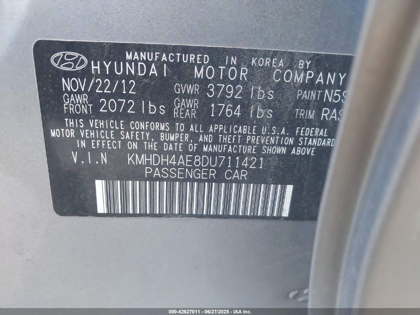 2013 Hyundai Elantra Gls VIN: KMHDH4AE8DU711421 Lot: 42627011