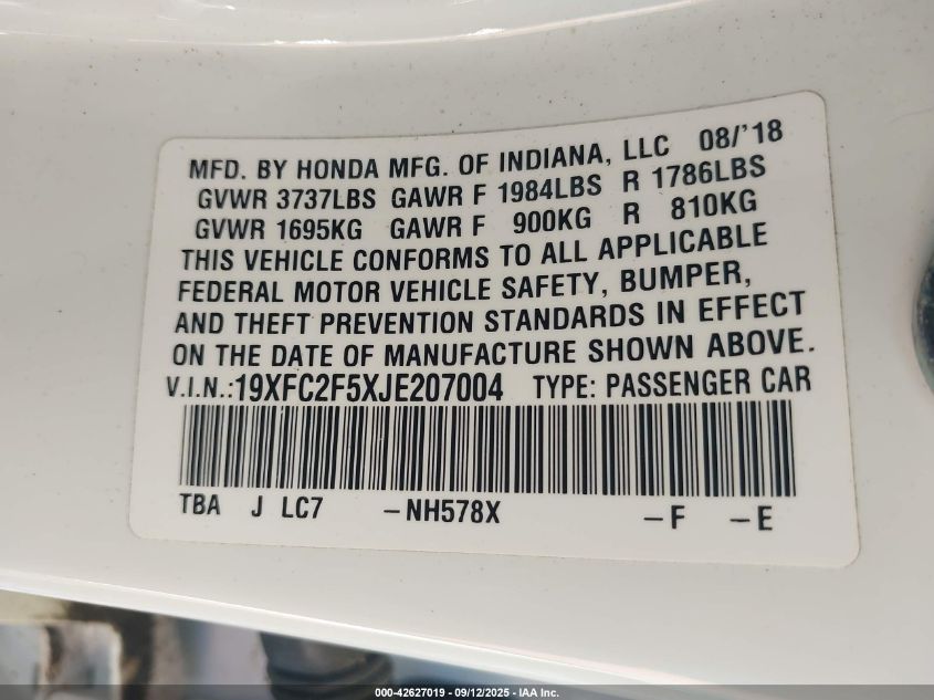 2018 Honda Civic Lx VIN: 19XFC2F5XJE207004 Lot: 42627019