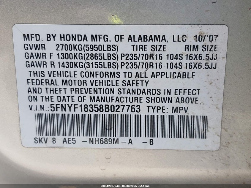 2008 HONDA PILOT VIN: 5FNYF18358B027763