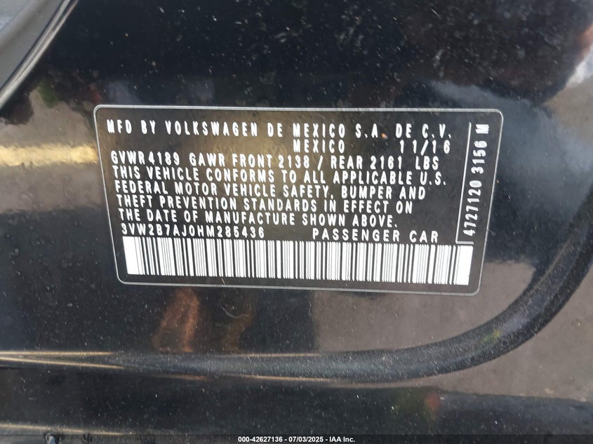 2017 VOLKSWAGEN JETTA 1.4T S - 3VW2B7AJ0HM285436