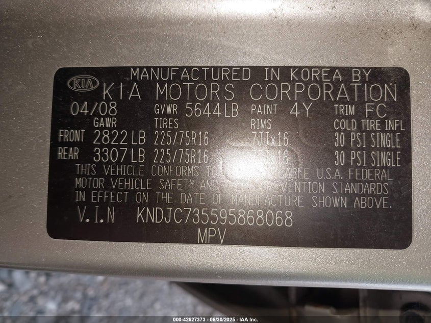 2009 Kia Sorento Lx VIN: KNDJC735595868068 Lot: 42627373