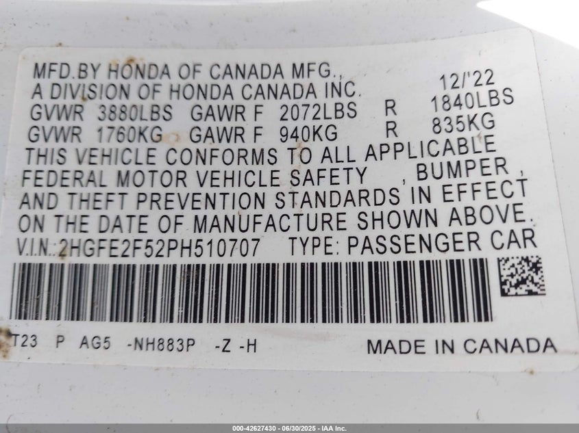 2023 HONDA CIVIC 2.0L I-4 DI, DOHC, V(VIN: 2HGFE2F52PH510707