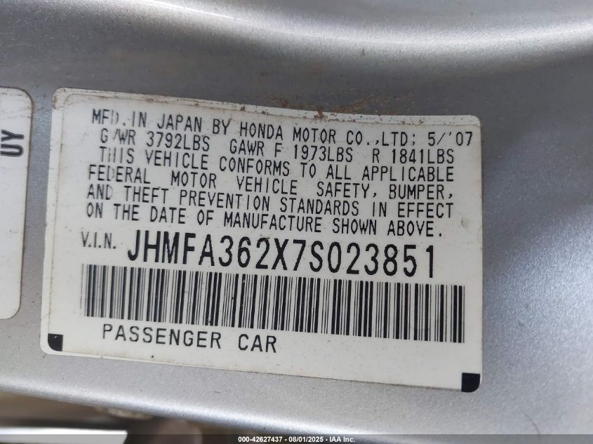 2007 Honda Civic Hybrid VIN: JHMFA362X7S023851 Lot: 42627437