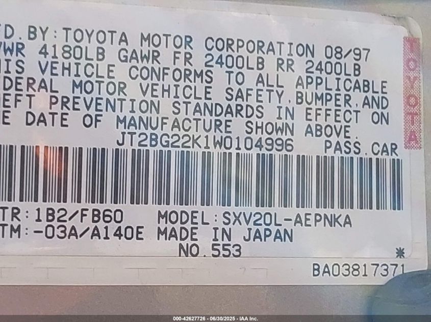 1998 Toyota Camry Le VIN: JT2BG22K1W0104996 Lot: 42627726