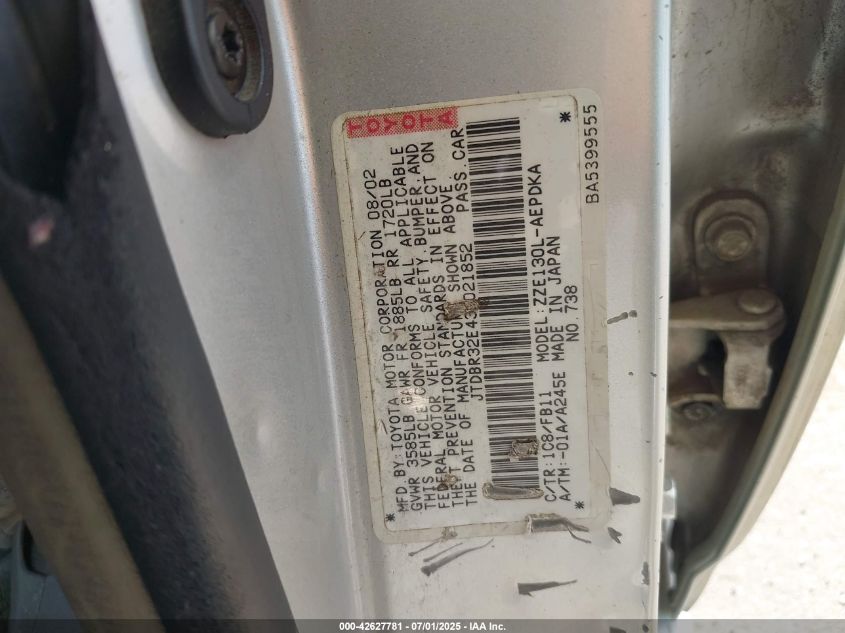 2003 Toyota Corolla Ce VIN: JTDBR32E430021852 Lot: 42627781