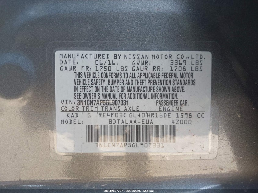 2016 NISSAN VERSA 1.6 S - 3N1CN7AP5GL907331