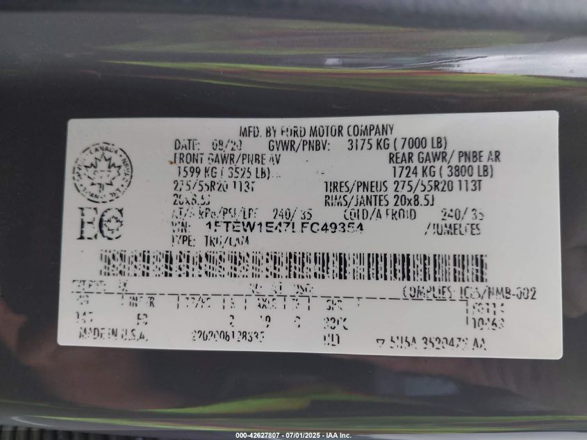 2020 Ford F-150 Xlt VIN: 1FTEW1E47LFC49354 Lot: 42627807