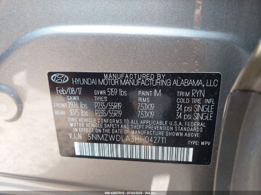 2017 Hyundai Santa Fe Sport 2.0T Ultimate VIN: 5NMZWDLA3HH042711 Lot: 42627810