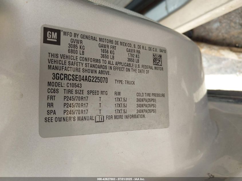 2010 Chevrolet Silverado 1500 Lt VIN: 3GCRCSE04AG225070 Lot: 42627883