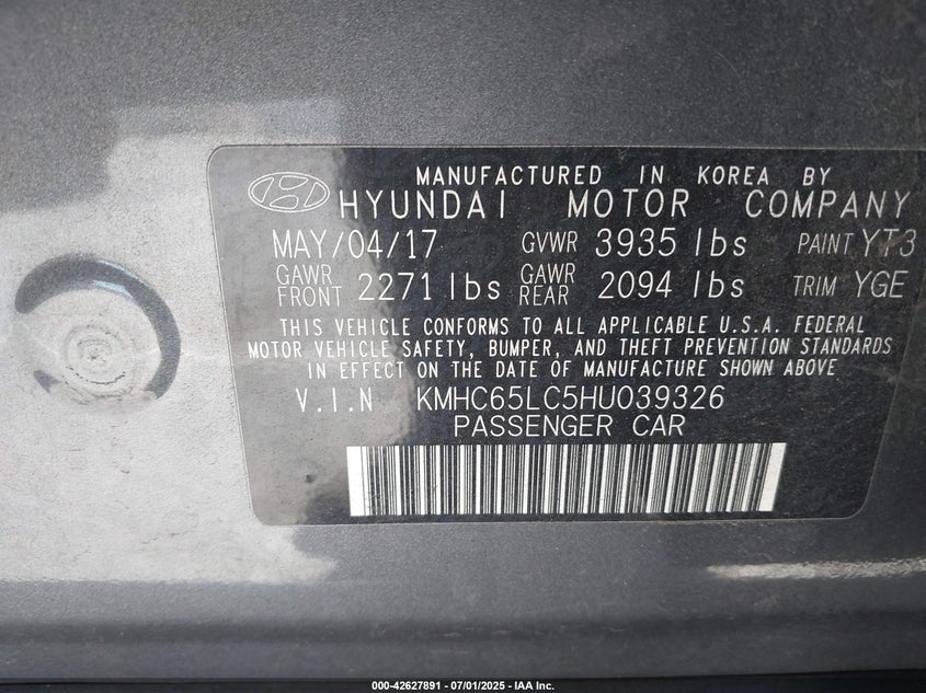2017 HYUNDAI IONIQ VIN: KMHC65LC5HU039326