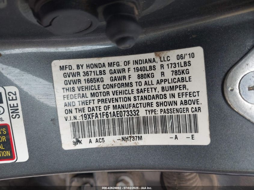 2010 Honda Civic Lx-S VIN: 19XFA1F61AE073332 Lot: 42628002