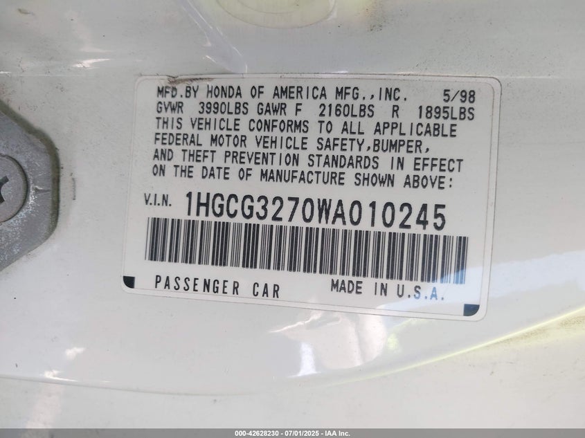 1998 Honda Accord Ex VIN: 1HGCG3270WA010245 Lot: 42628230