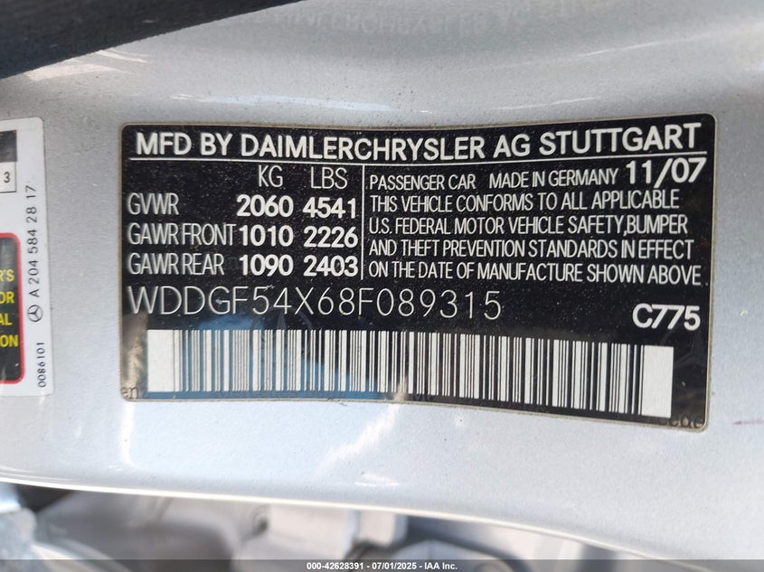 2008 MERCEDES-BENZ C 300 VIN: WDDGF54X68F089315