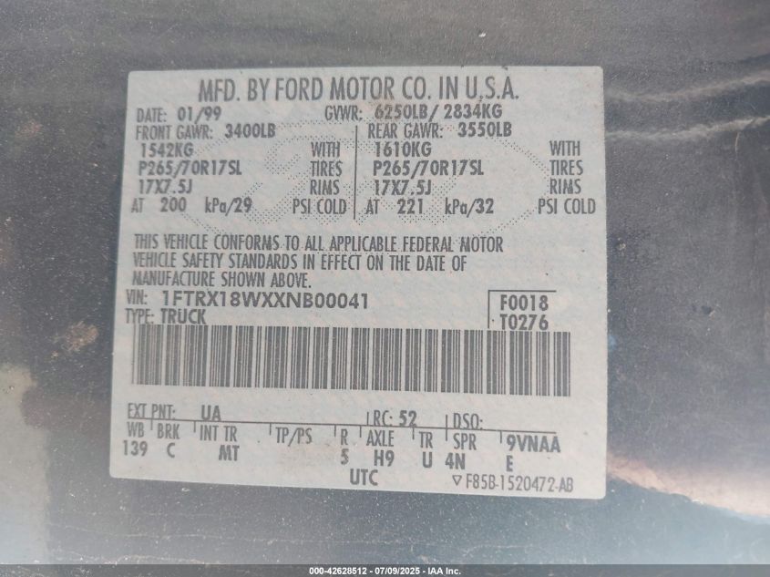 1999 Ford F-150 VIN: 1FTRX18WXXNB00041 Lot: 42628512