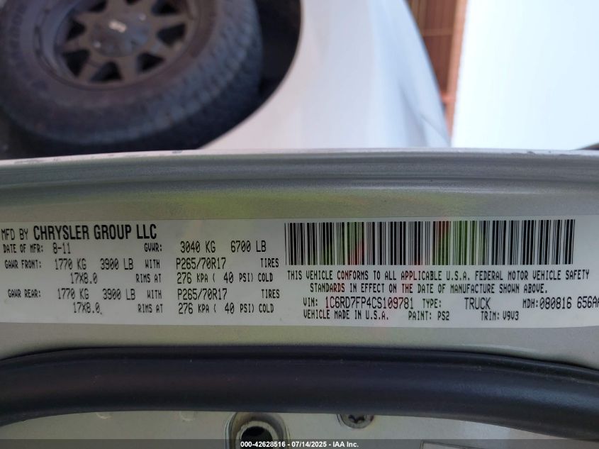 2012 Ram 1500 St VIN: 1C6RD7FP4CS109781 Lot: 42628516