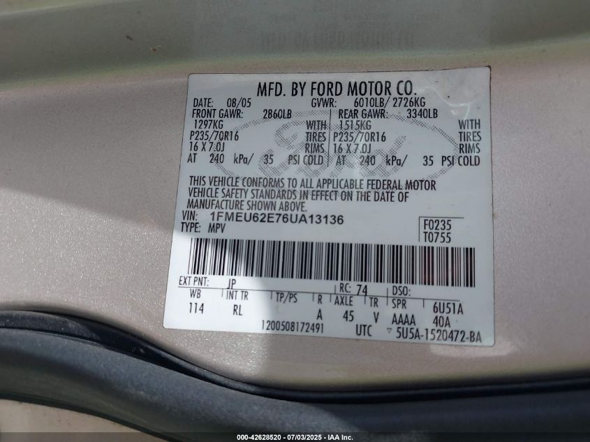 2006 Ford Explorer Xls VIN: 1FMEU62E76UA13136 Lot: 42628520