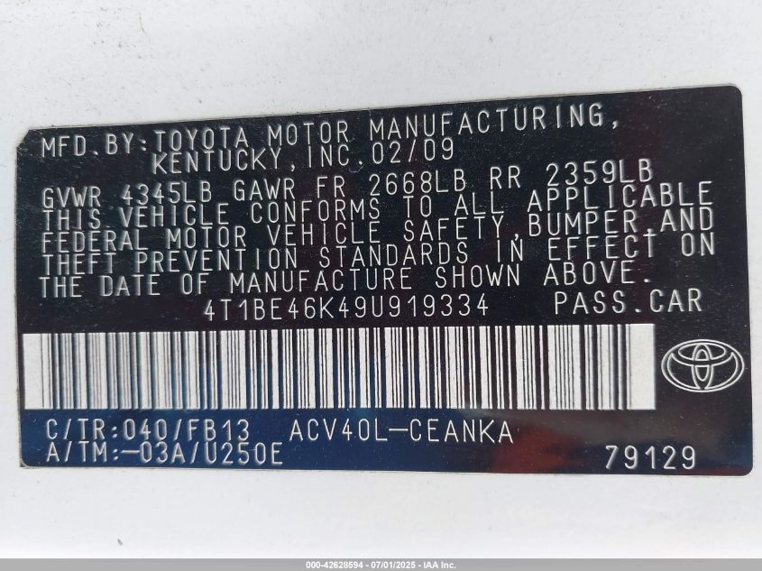 2009 Toyota Camry Le VIN: 4T1BE46K49U919334 Lot: 42628594