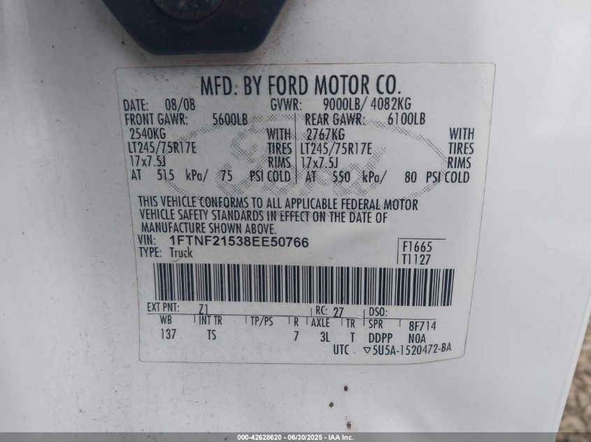 2008 Ford F-250 Xl/Xlt VIN: 1FTNF21538EE50766 Lot: 42628620