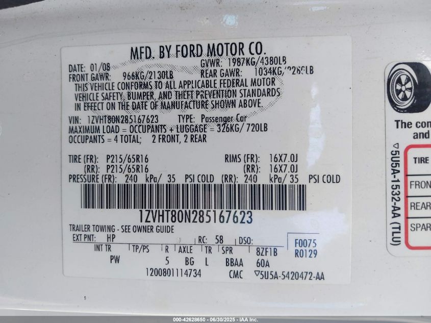 2008 Ford Mustang V6 Deluxe/V6 Premium VIN: 1ZVHT80N285167623 Lot: 42628650