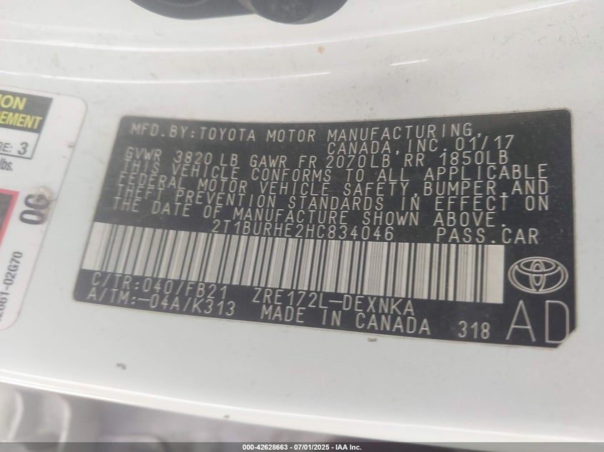 2017 TOYOTA COROLLA LE - 2T1BURHE2HC834046