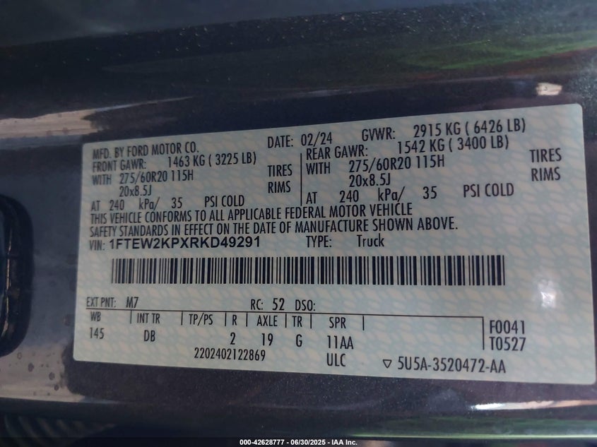 2024 FORD F-150(VIN: 1FTEW2KPXRKD49291