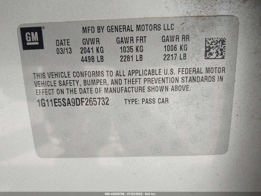 2013 CHEVROLET MALIBU VIN: 1G11E5SA9DF265732