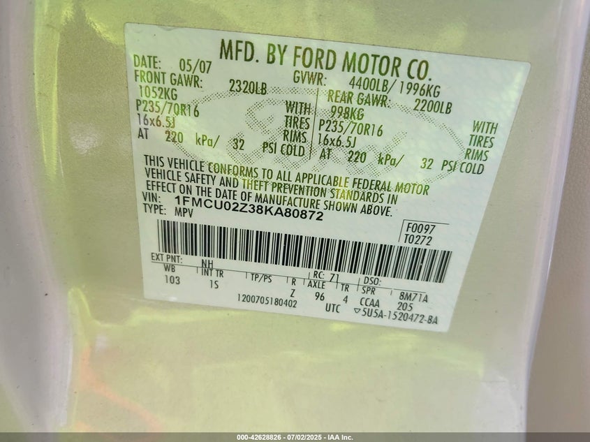 1FMCU02Z38KA80872 2008 FORD ESCAPE photo no. 9