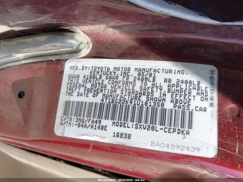 2001 Toyota Camry VIN: 411BG22K91U101350 Lot: 42628827