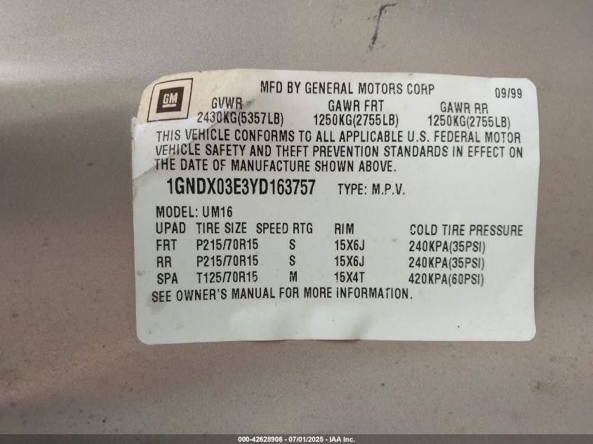 2000 Chevrolet Venture VIN: 1GNDX03E3YD163757 Lot: 42628906