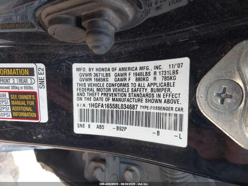 2008 Honda Civic Lx VIN: 1HGFA16558L034687 Lot: 42628939