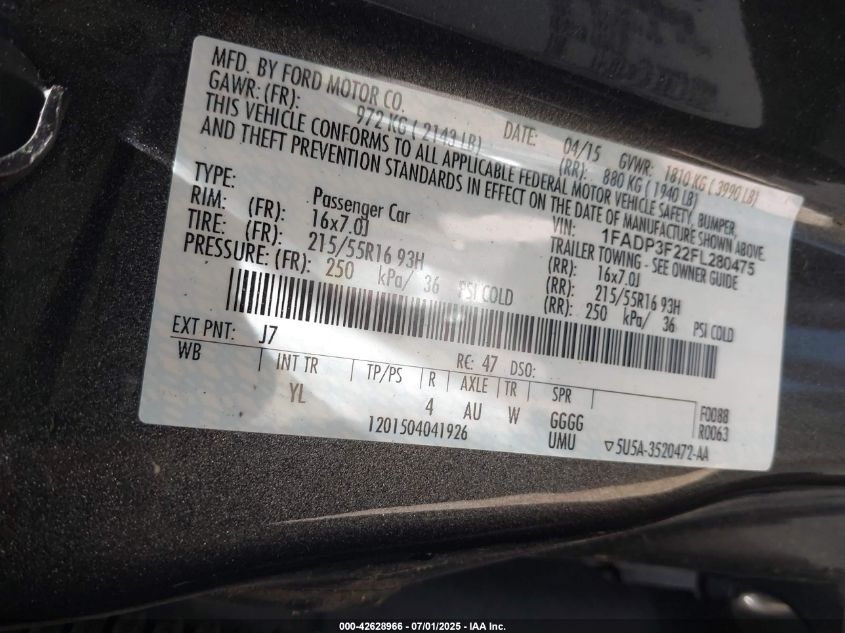 2015 Ford Focus Se VIN: 1FADP3F22FL280475 Lot: 42628966