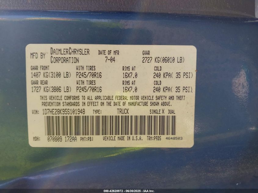 2005 Dodge Dakota St VIN: 1D7HE28K95S101948 Lot: 42628972