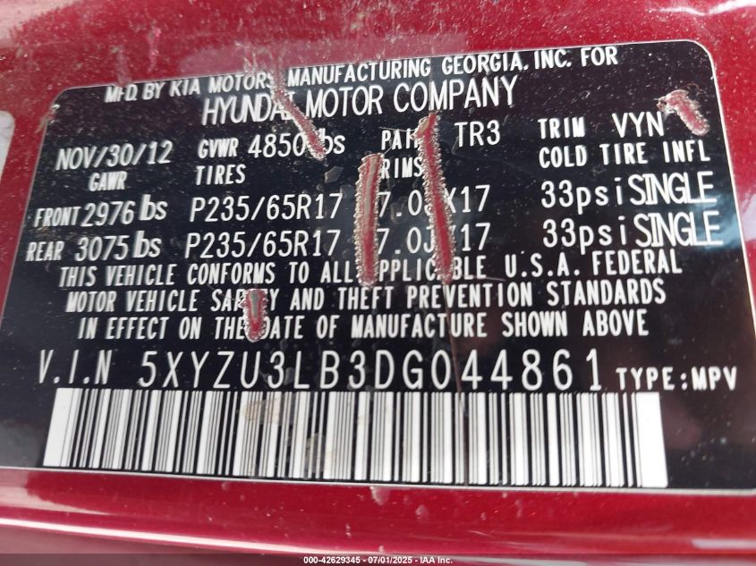 2013 Hyundai Santa Fe Sport VIN: 5XYZU3LB3DG044861 Lot: 42629345