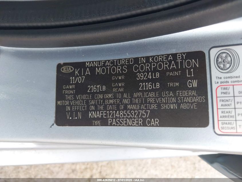 2008 Kia Spectra Ex VIN: KNAFE121485532757 Lot: 42629412