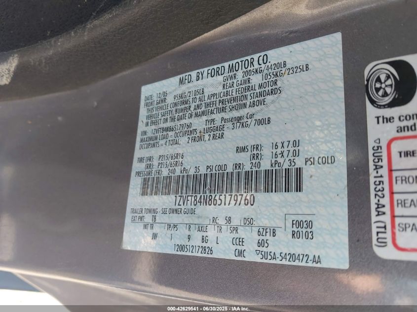 2006 Ford Mustang V6 VIN: 1ZVFT84N865179760 Lot: 42629541