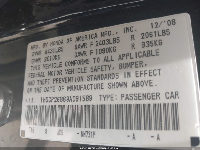 2009 Honda Accord 2.4 Ex-L VIN: 1HGCP26869A091589 Lot: 42629725