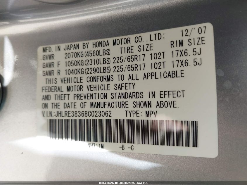 2008 Honda Cr-V Lx VIN: JHLRE38368C023062 Lot: 42629740