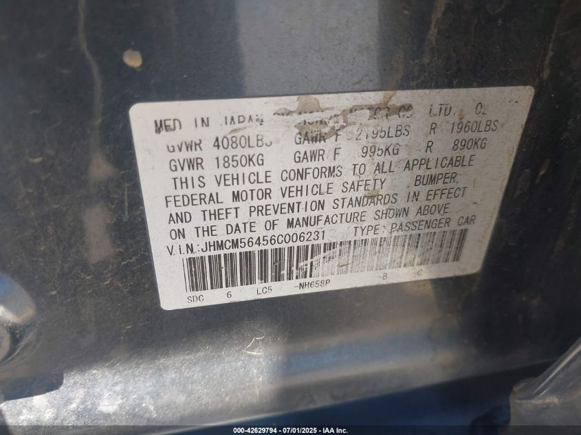 2006 Honda Accord VIN: JHNCN56456C006231 Lot: 42629794