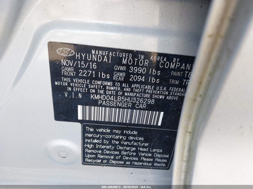 2017 HYUNDAI ELANTRA VIN: KMHD04LB5HU326298