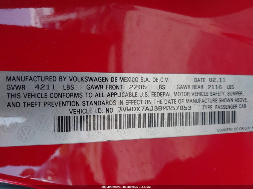 2011 VOLKSWAGEN JETTA VIN: 3VWDX7AJ3BM357053