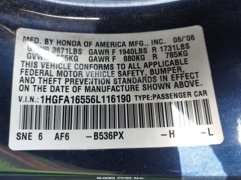 2006 HONDA CIVIC VIN: 1HGFA16556L116190