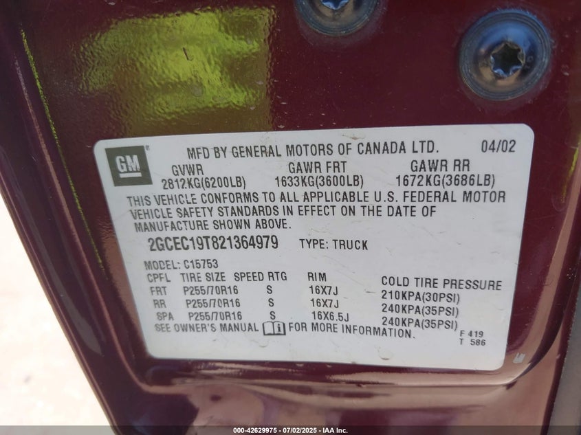 2002 Chevrolet Silverado 1500 Ls VIN: 2GCEC19T821364979 Lot: 42629975