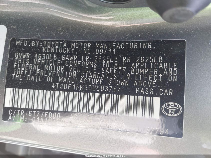 2012 Toyota Camry Le VIN: 4T1BF1FK5CU5O3747 Lot: 42629996