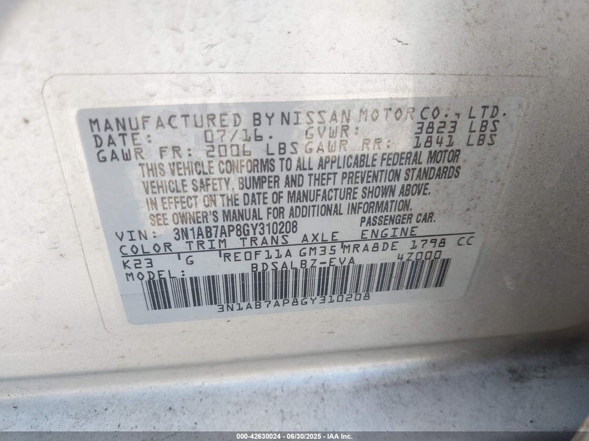 2016 NISSAN SENTRA VIN: 3N1AB7AP8GY310208