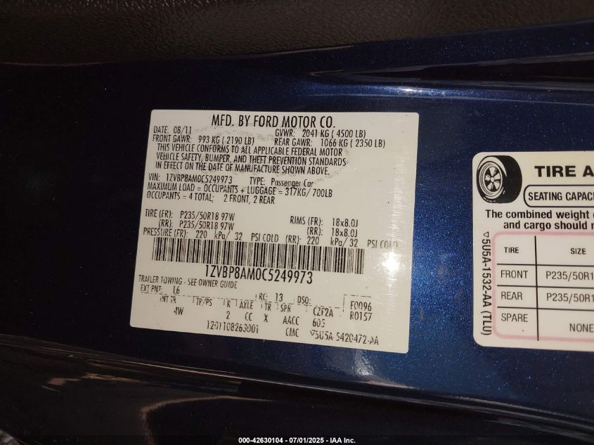 2012 Ford Mustang V6 Premium VIN: 1ZVBP8AM0C5249973 Lot: 42630104