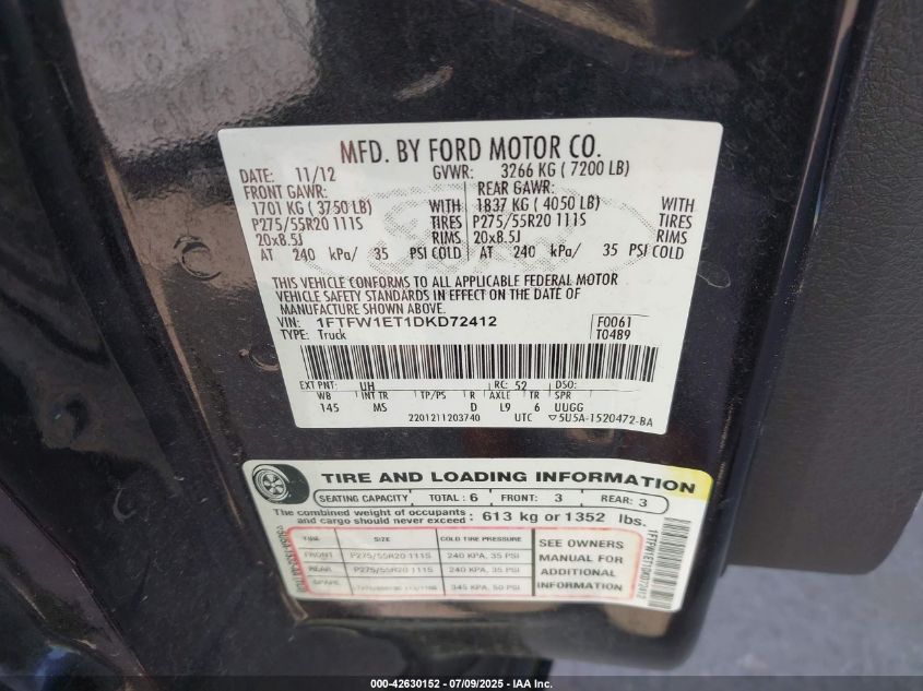 2013 Ford F-150 Xlt VIN: 1FTFW1ET1DKD72412 Lot: 42630152