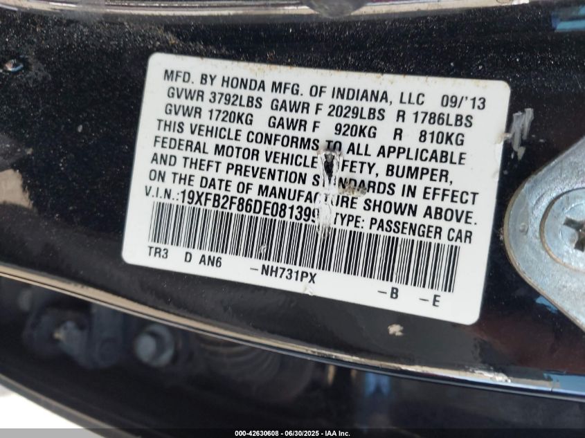 2013 Honda Civic Ex VIN: 19XFB2F86DE081399 Lot: 42630608