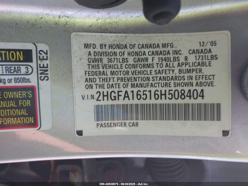 2006 Honda Civic Lx VIN: 2HGFA16516H508404 Lot: 42630879