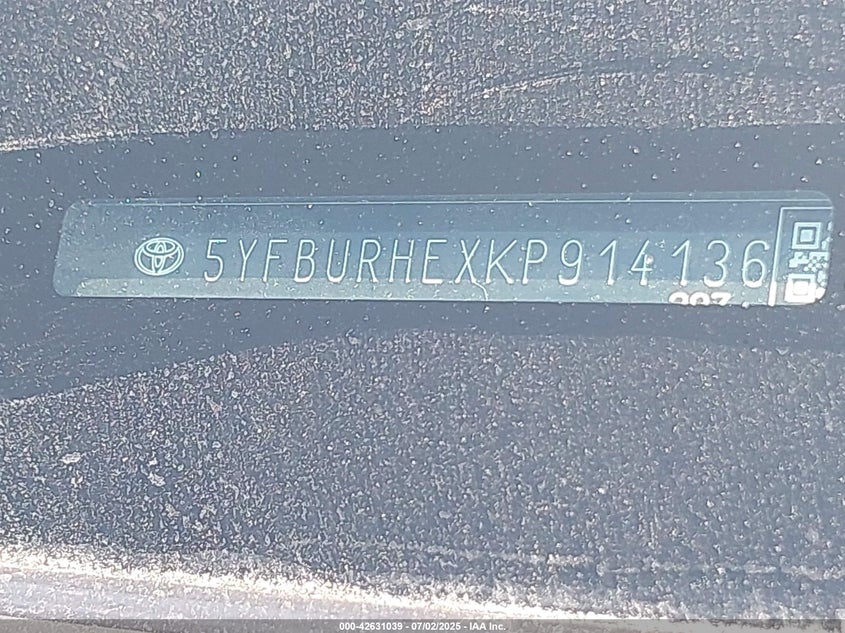 VIN 5YFBURHEXKP914136 2019 TOYOTA COROLLA SE